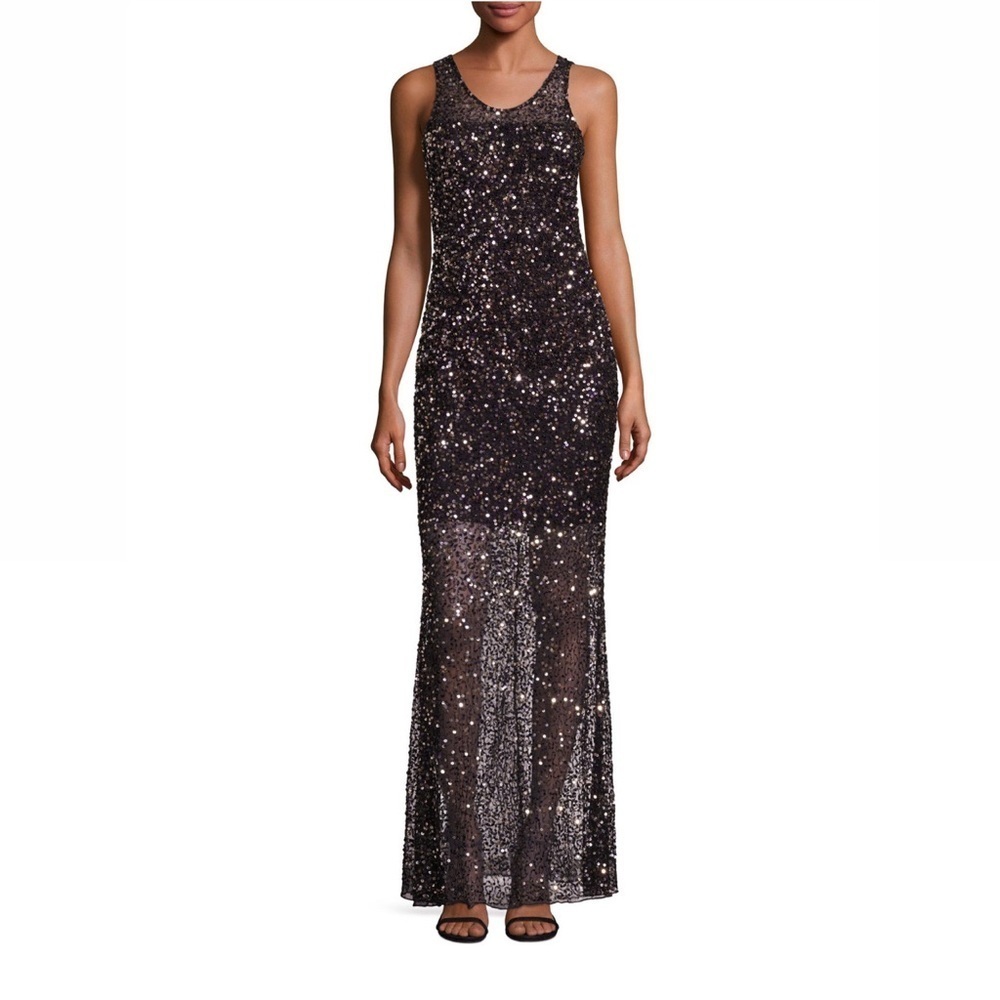 Parker Black synthetic tiffany sequin evening gown long dress sleeveless